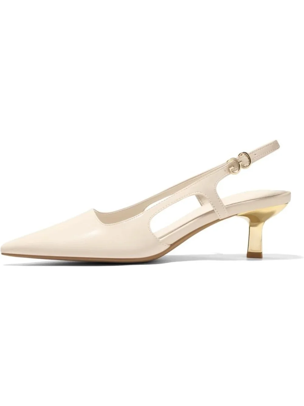 Women's Beige Low Kitten Heels Slingback Pumps Closed Pointed Toe Buckle Shoes